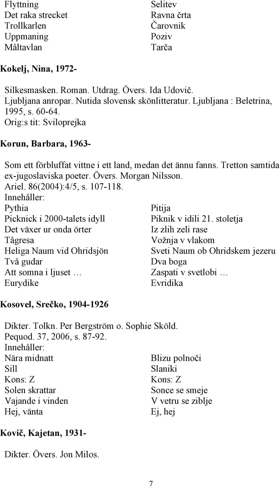 Tretton samtida ex-jugoslaviska poeter. Övers. Morgan Nilsson. Ariel. 86(2004):4/5, s. 107-118. Pythia Pitija Picknick i 2000-talets idyll Piknik v idili 21.