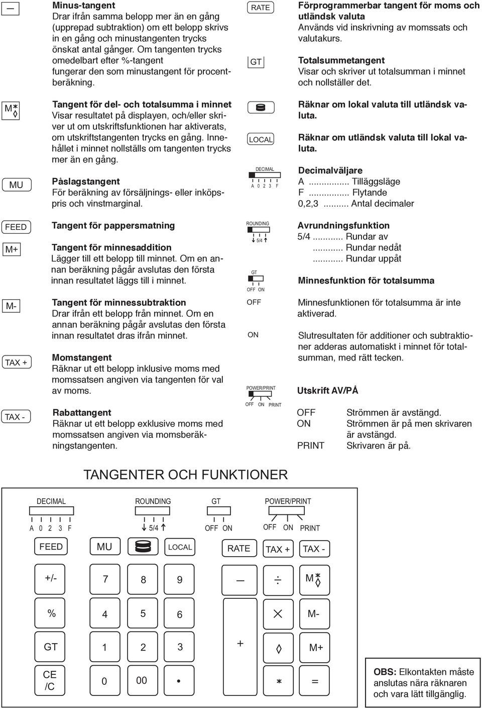 angent för del- och totalsumma i minnet Visar resultatet på displayen, och/eller skriver ut om utskriftsfunktionen har aktiverats, om utskriftstangenten trycks en gång.