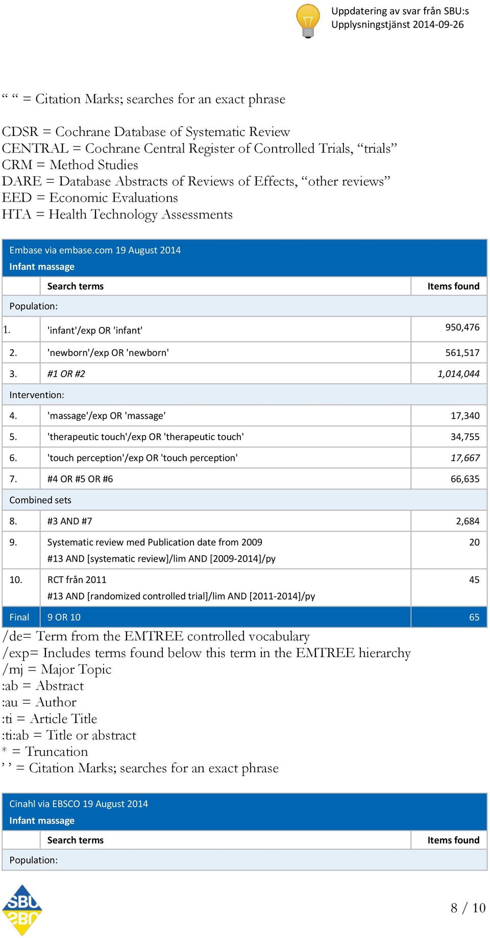 com 19 August 2014 Infant massage Search terms Population: Items found 1. 'infant'/exp OR 'infant' 950,476 2. 'newborn'/exp OR 'newborn' 561,517 3. #1 OR #2 1,014,044 Intervention: 4.