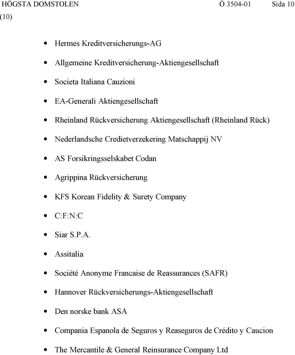 Agrippina Rückversicherung KFS Korean Fidelity & Surety Company C:F:N:C Siar S.P.A. Assitalia Société Anonyme Francaise de Reassurances (SAFR) Hannover