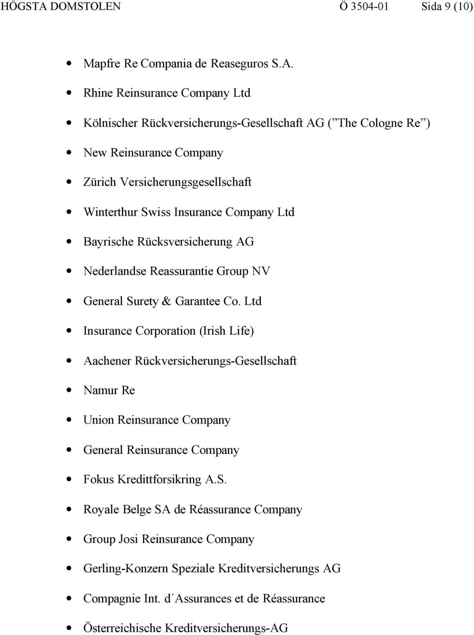 Rhine Reinsurance Company Ltd Kölnischer Rückversicherungs-Gesellschaft AG ( The Cologne Re ) New Reinsurance Company Zürich Versicherungsgesellschaft Winterthur Swiss Insurance