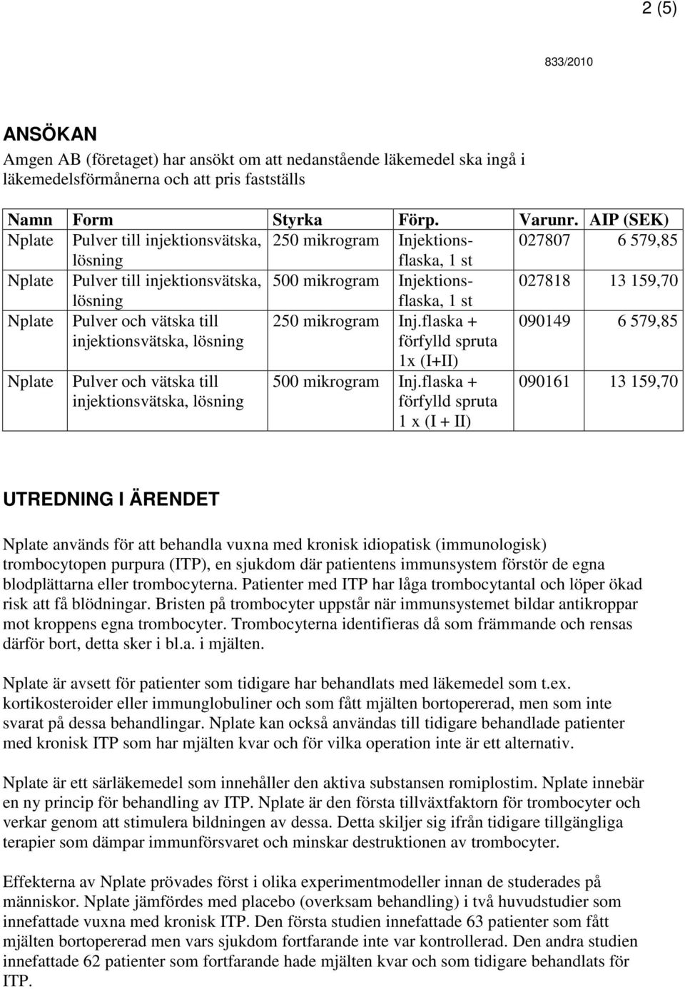 Nplate Pulver och vätska till 250 mikrogram Inj.flaska + förfylld spruta 090149 6 579,85 Nplate Pulver och vätska till 1x (I+II) 500 mikrogram Inj.