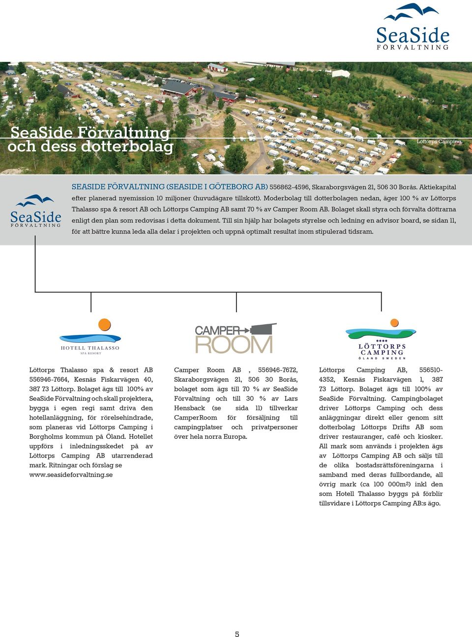 Moderbolag till dotterbolagen nedan, äger 100 % av Löttorps Thalasso spa & resort AB och Löttorps Camping AB samt 70 % av Camper Room AB.