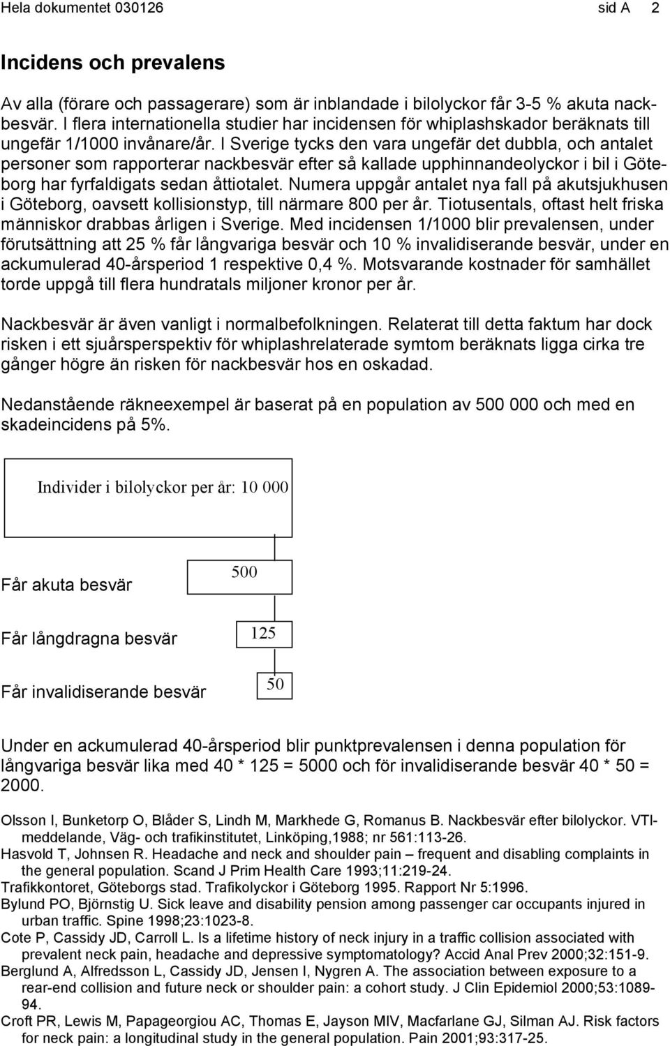 I Sverige tycks den vara ungefär det dubbla, och antalet personer som rapporterar nackbesvär efter så kallade upphinnandeolyckor i bil i Göteborg har fyrfaldigats sedan åttiotalet.