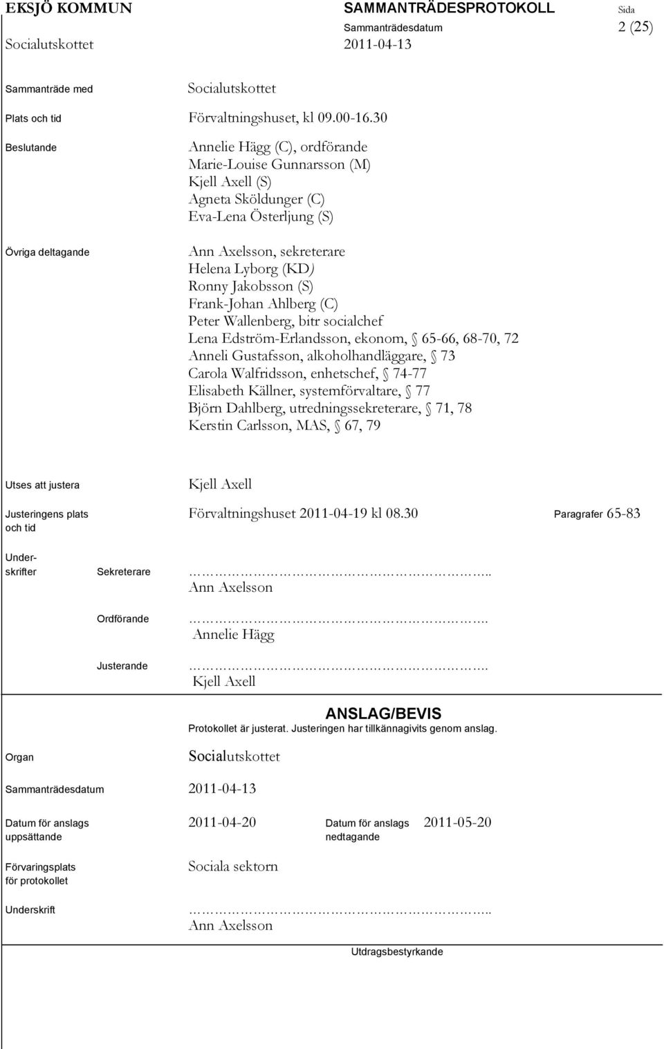 Jakobsson (S) Frank-Johan Ahlberg (C) Peter Wallenberg, bitr socialchef Lena Edström-Erlandsson, ekonom, 65-66, 68-70, 72 Anneli Gustafsson, alkoholhandläggare, 73 Carola Walfridsson, enhetschef,