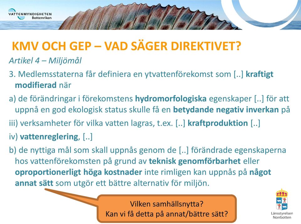 .] för att uppnå en god ekologisk status skulle få en betydande negativ inverkan på iii) verksamheter för vilka vatten lagras, t.ex. [..] kraftproduktion [.