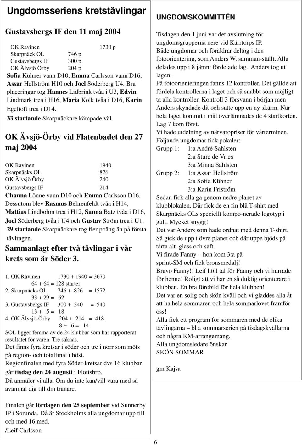 OK Ävsjö-Örby vid Flatenbadet den 27 maj 2004 OK Ravinen 1940 Skarpnäcks OL 826 OK Älvsjö Örby 240 Gustavsbergs IF 214 Channa Lönne vann D10 och Emma Carlsson D16.