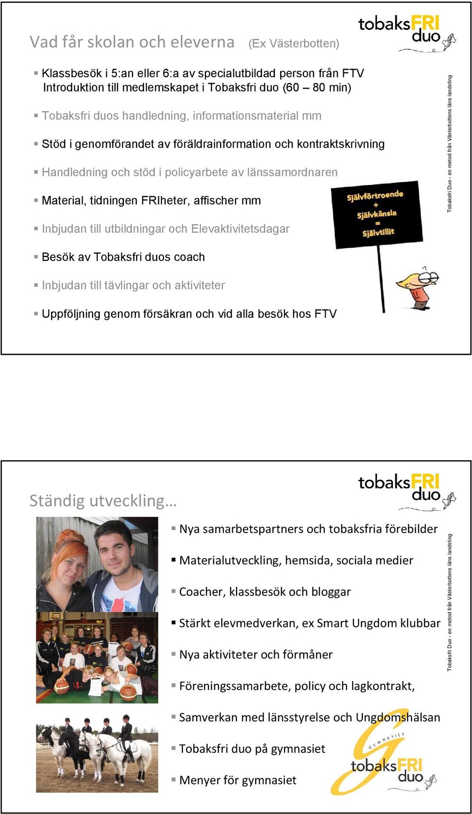 utbildningar och Elevaktivitetsdagar Besök av Tobaksfri duos coach Inbjudan till tävlingar och aktiviteter Uppföljning genom försäkran och vid alla besök hos FTV Nya samarbetspartners och tobaksfria