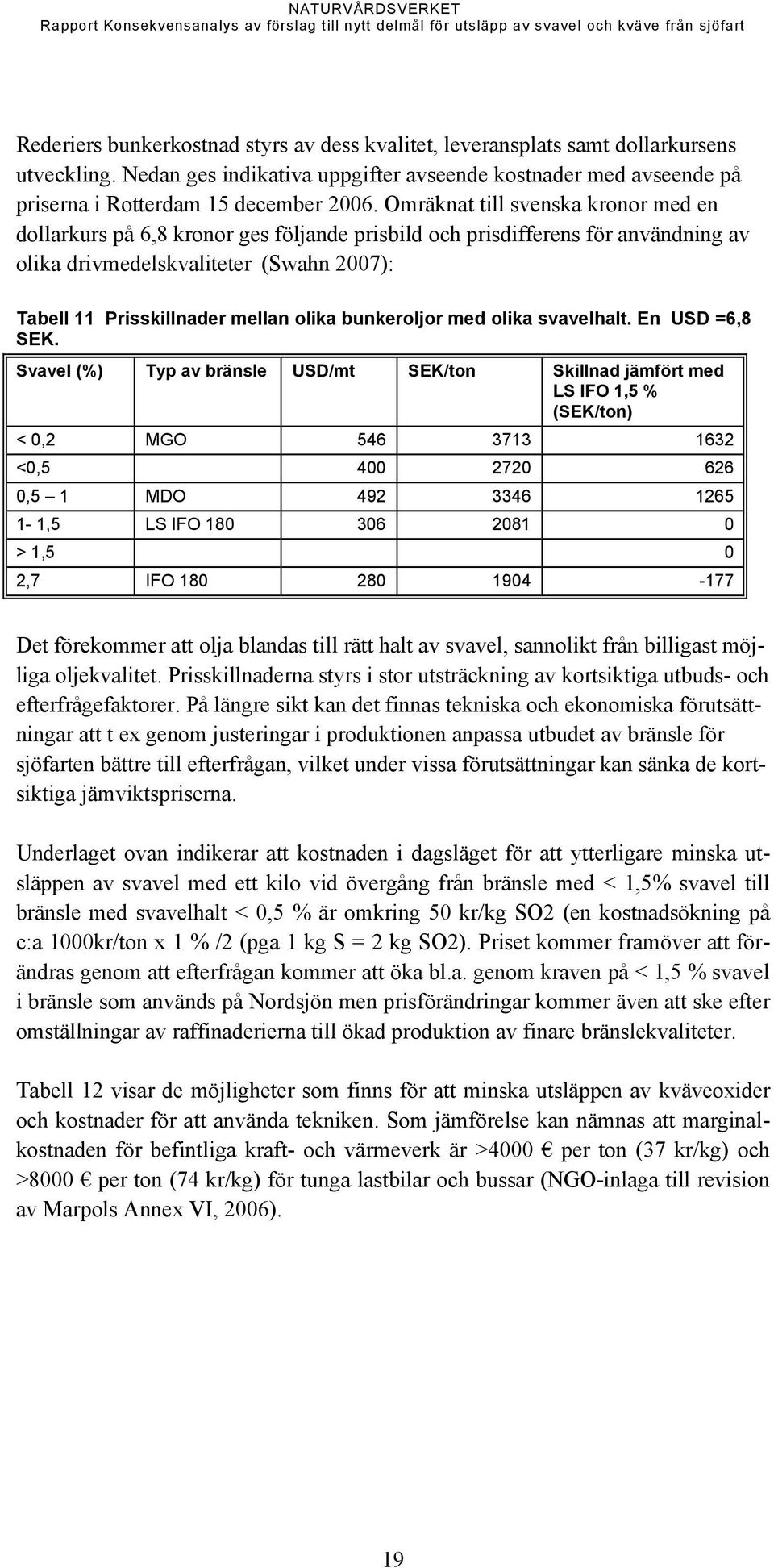 bunkeroljor med olika svavelhalt. En USD =6,8 SEK.