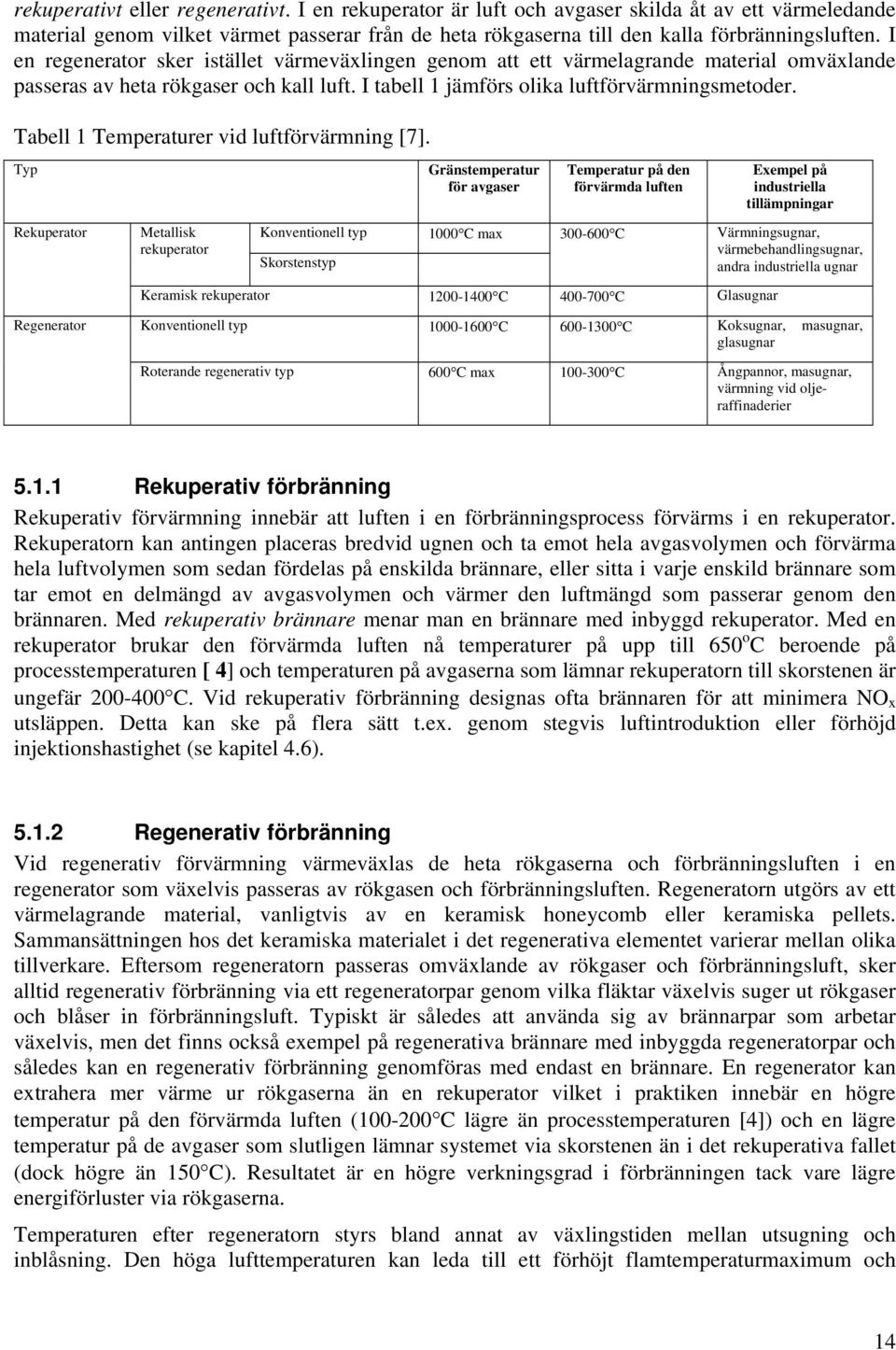 Tabell 1 Temperaturer vid luftförvärmning [7].