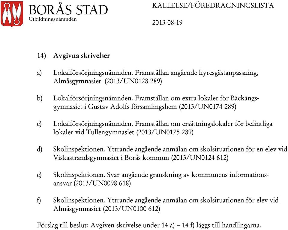 Framställan om ersättningslokaler för befintliga lokaler vid Tullengymnasiet (2013/UN0175 289) d) Skolinspektionen.