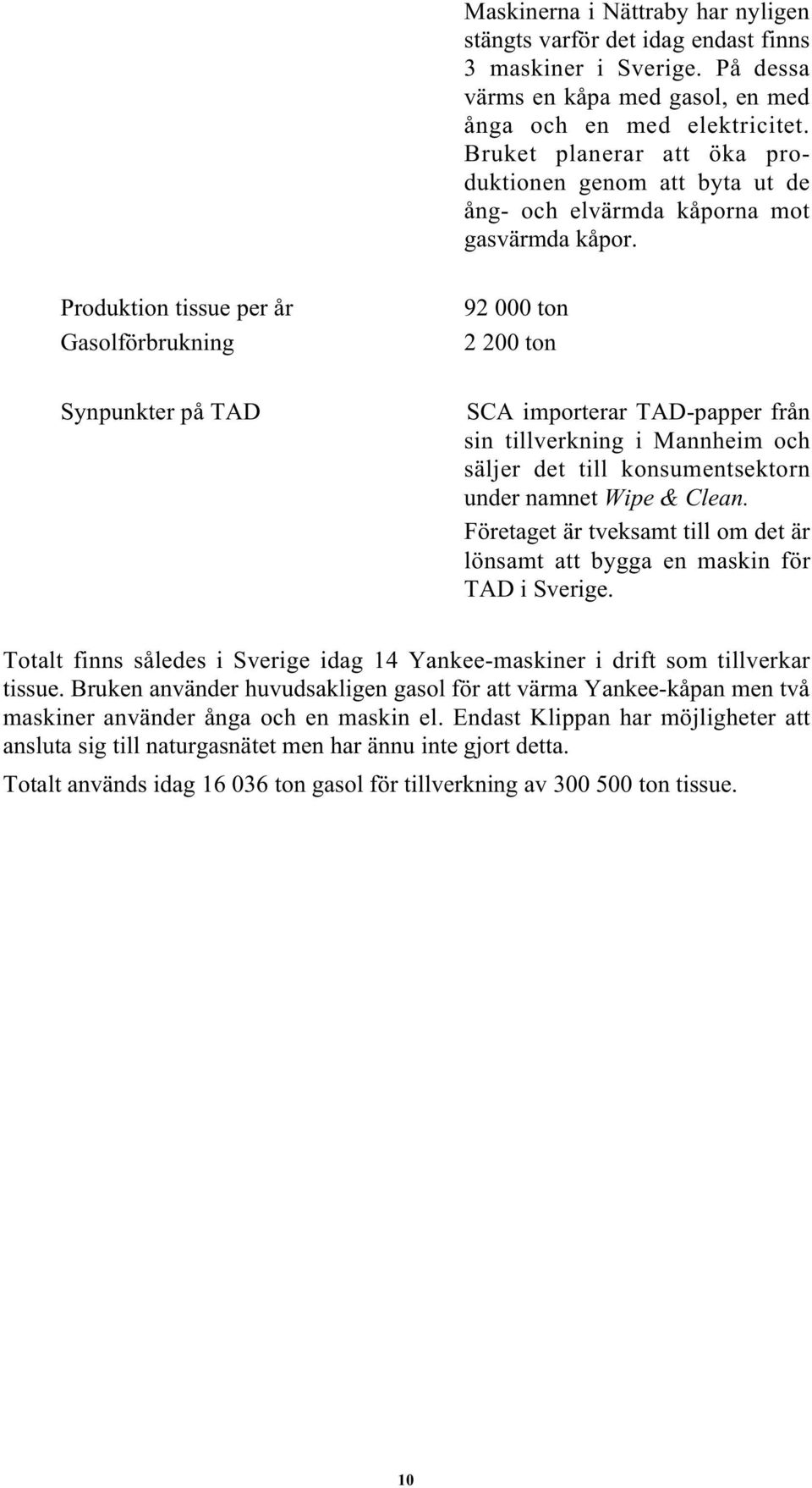 Produktion tissue per år Gasolförbrukning 92 000 ton 2 200 ton Synpunkter på TAD SCA importerar TAD-papper från sin tillverkning i Mannheim och säljer det till konsumentsektorn under namnet Wipe &