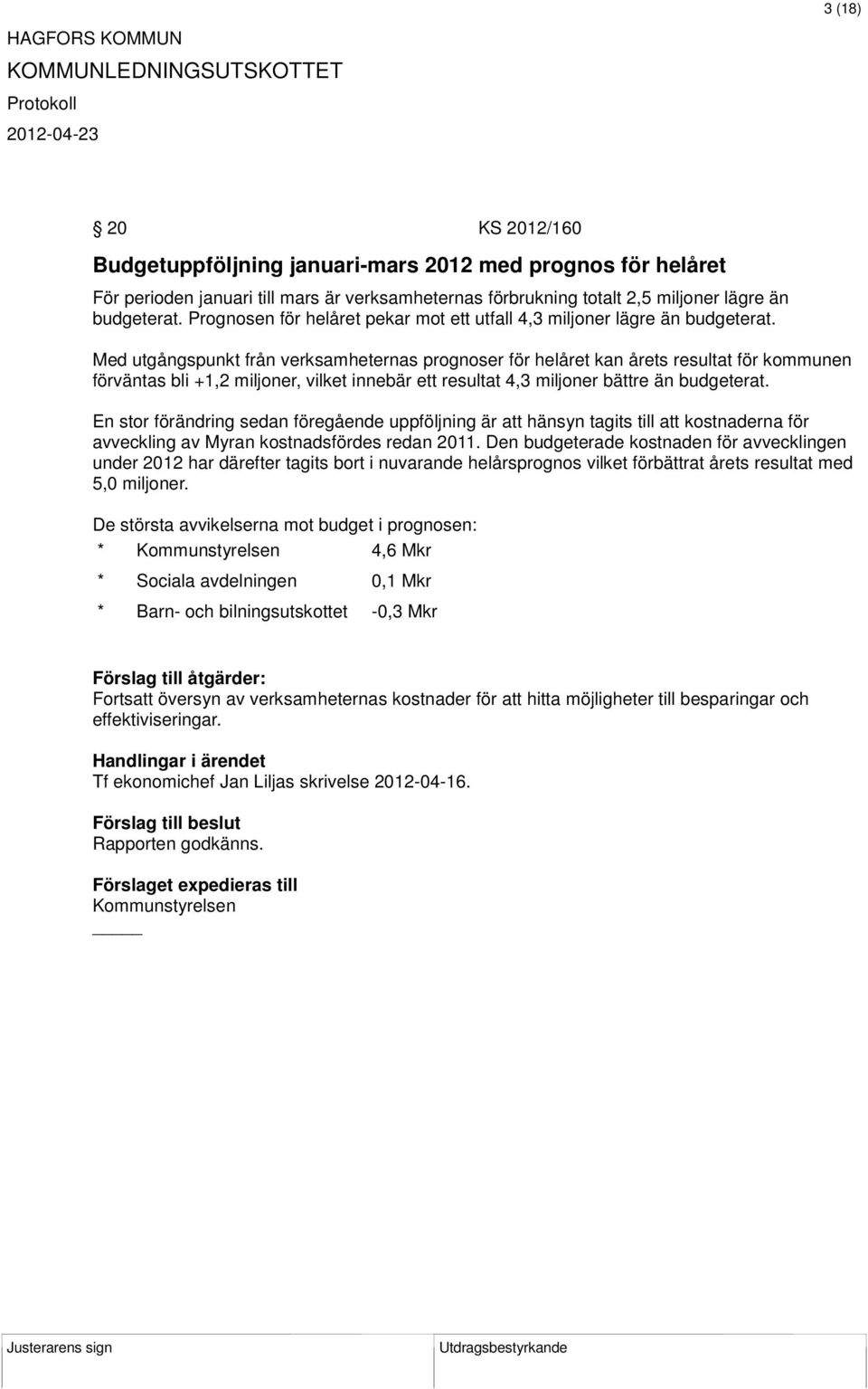 Med utgångspunkt från verksamheternas prognoser för helåret kan årets resultat för kommunen förväntas bli +1,2 miljoner, vilket innebär ett resultat 4,3 miljoner bättre än budgeterat.