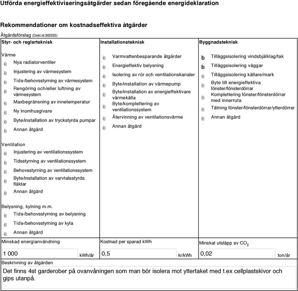 värmesystem Maxbegränsning av innetemperatur Ny inomhusgivare Byte/installation av tryckstyrda pumpar Varmvattenbesparande åtgärder Energieffektiv belysning Isolering av rör och ventilationskanaler