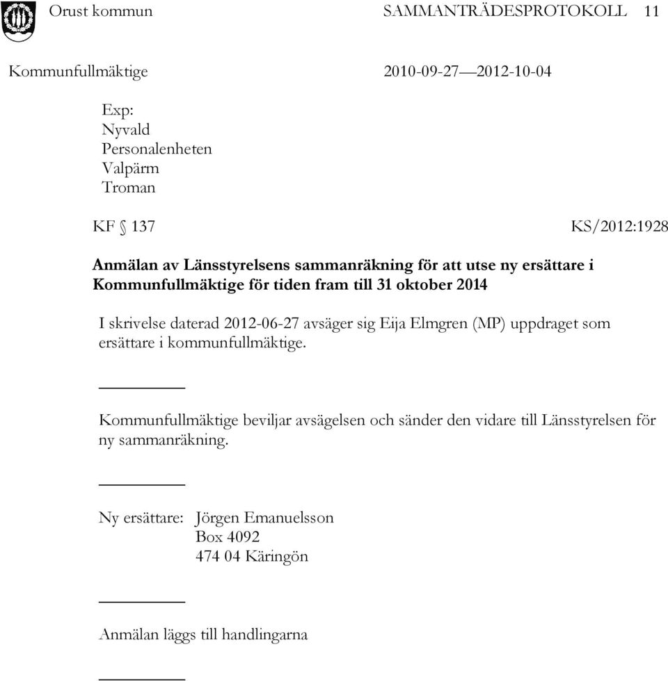 Elmgren (MP) uppdraget som ersättare i kommunfullmäktige.