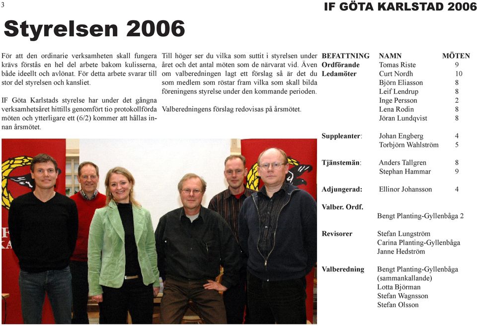 IF Göta Karlstads styrelse har under det gångna verksamhetsåret hittills genomfört tio protokollförda möten och ytterligare ett (6/2) kommer att hållas innan årsmötet.