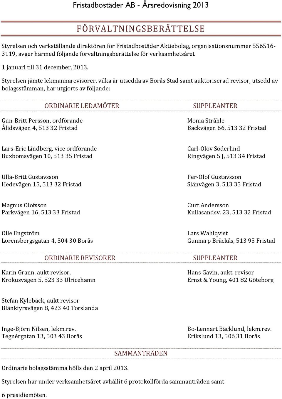 Styrelsen jämte lekmannarevisorer, vilka är utsedda av Borås Stad samt auktoriserad revisor, utsedd av bolagsstämman, har utgjorts av följande: ORDINARIE LEDAMÖTER Gun-Britt Persson, ordförande