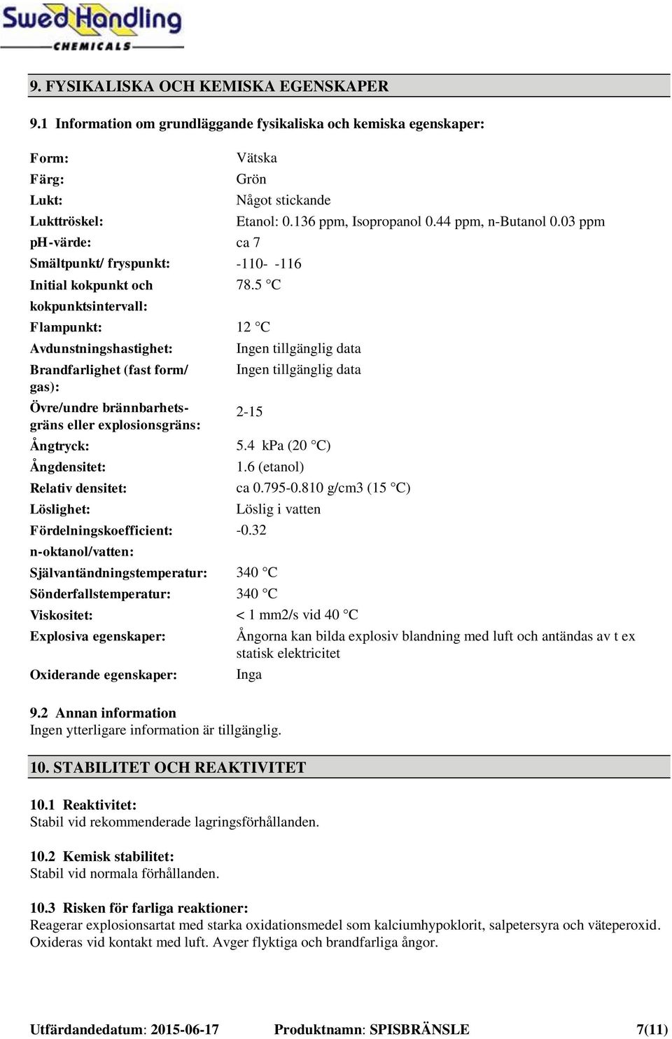 Avdunstningshastighet: Brandfarlighet (fast form/ gas): Övre/undre brännbarhetsgräns eller explosionsgräns: Ångtryck: Ångdensitet: Relativ densitet: Löslighet: Fördelningskoefficient: