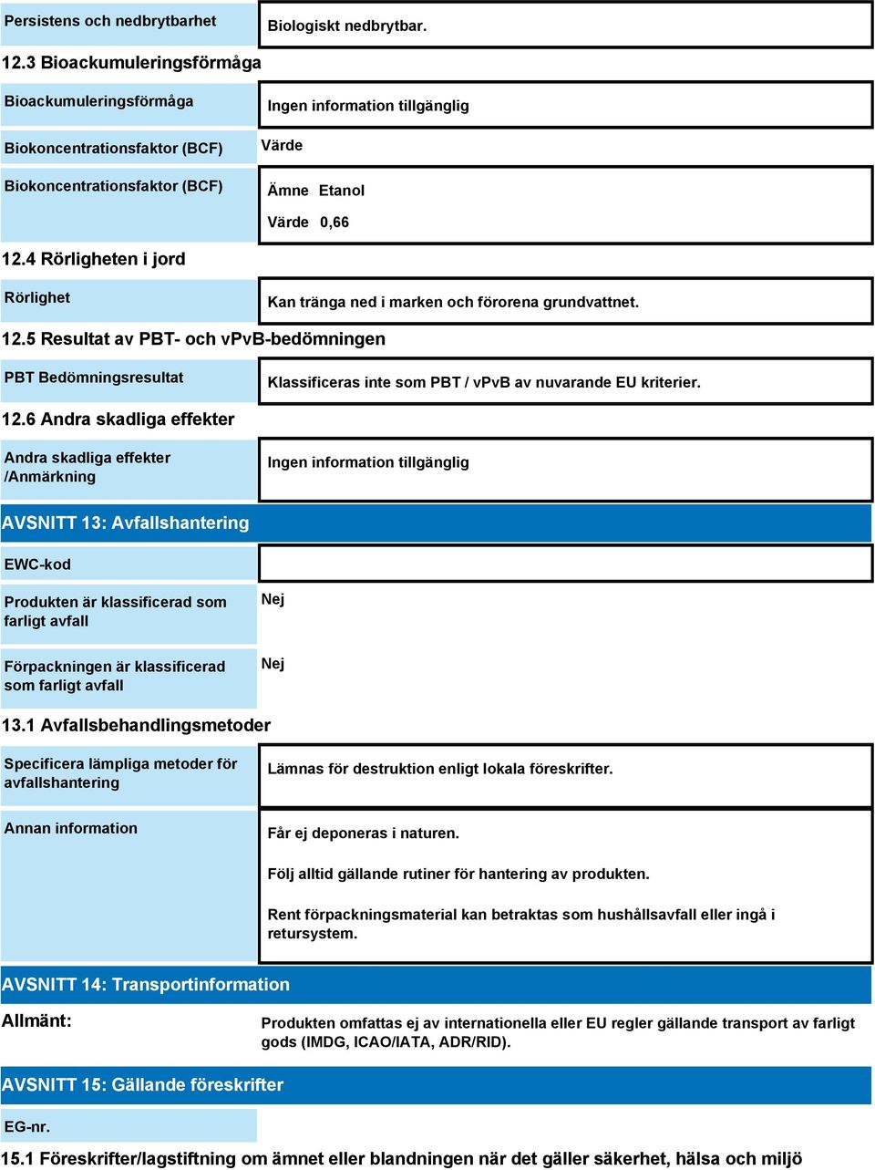 5 Resultat av PBT- och vpvb-bedömningen PBT Bedömningsresultat Klassificeras inte som PBT / vpvb av nuvarande EU kriterier. 12.