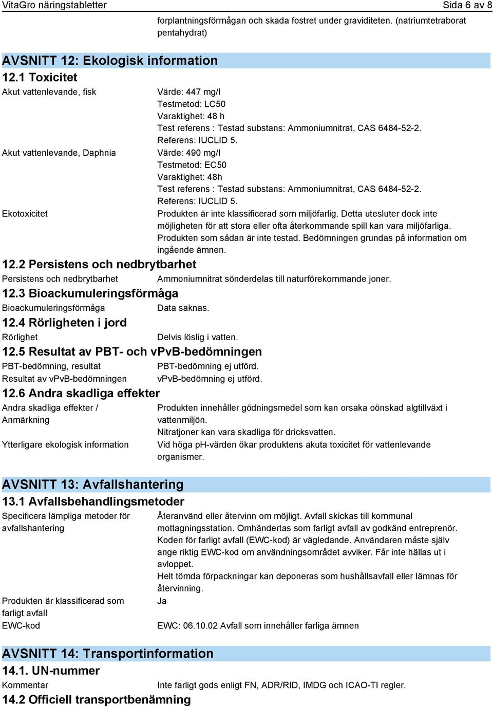 (natriumtetraborat pentahydrat) Värde: 447 mg/l Testmetod: LC50 Varaktighet: 48 h Test referens : Testad substans: Ammoniumnitrat, CAS 6484-52-2. Referens: IUCLID 5.