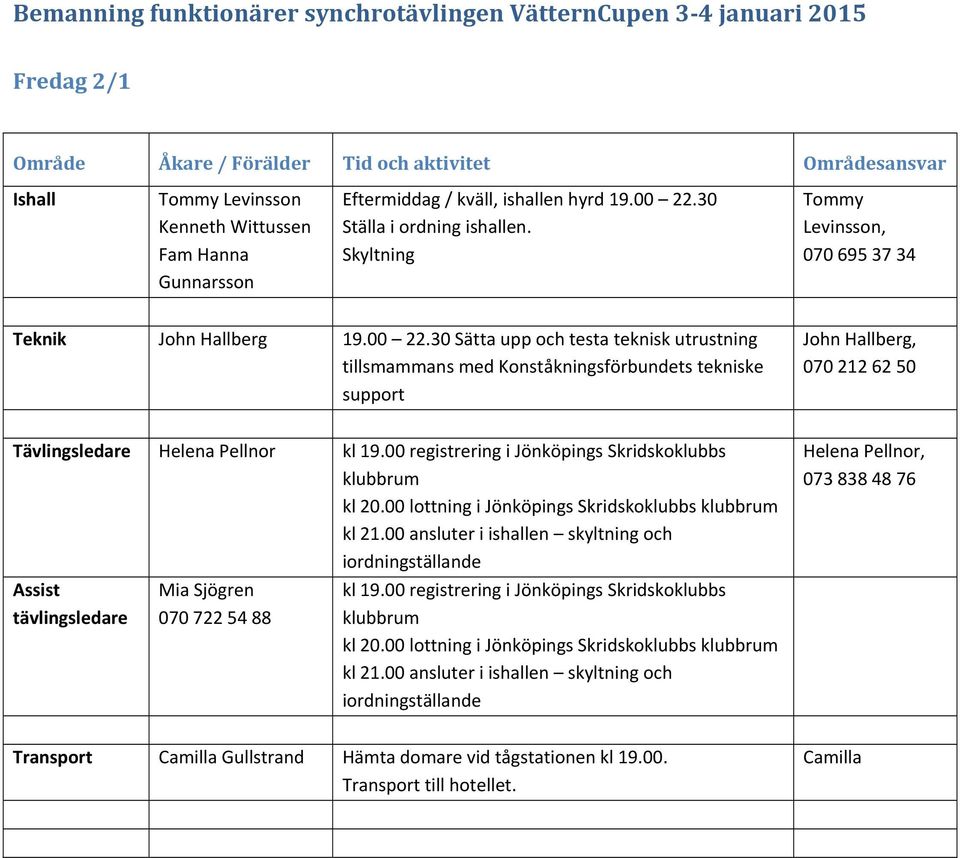 30 Ställa i ordning ishallen. Skyltning Tommy Levinsson, 070 695 37 34 Teknik John Hallberg 19.00 22.