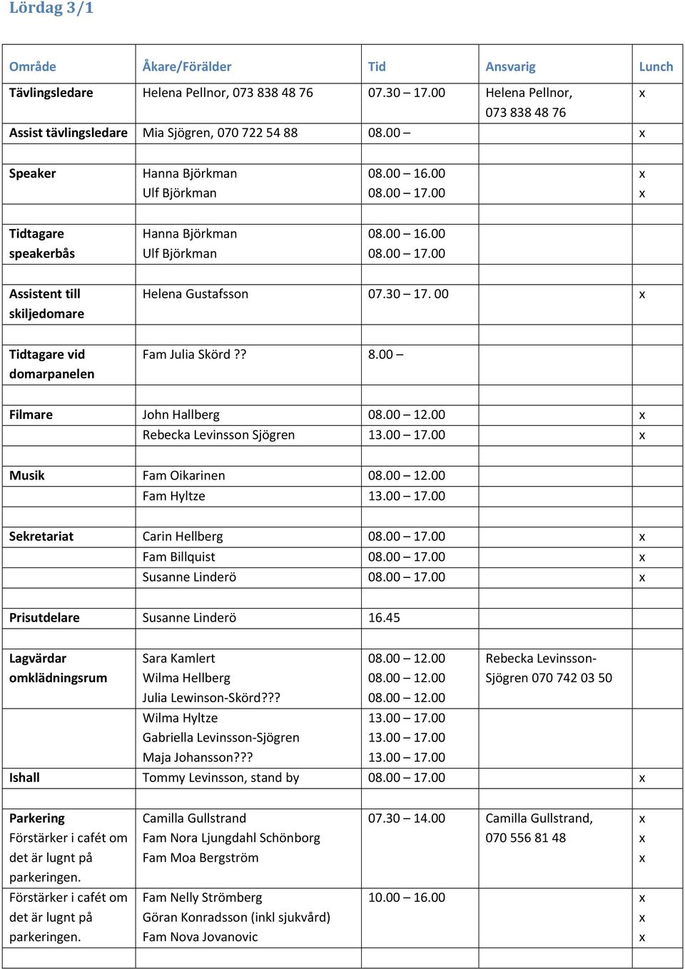 00 Tidtagare vid domarpanelen Fam Julia Skörd?? 8.00 Filmare John Hallberg Rebecka Levinsson Sjögren Musik Fam Oikarinen Fam Hyltze Sekretariat Carin Hellberg 08.00 17.00 Fam Billquist 08.00 17.00 Susanne Linderö 08.