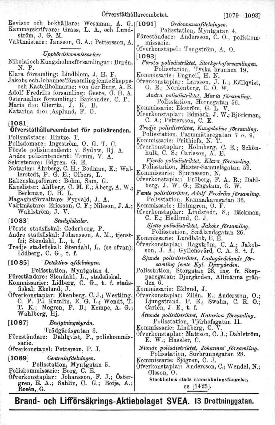 H. A. Östermalms församling: Barkander. C. P. Maria d:o: Giertta, J. K. B. Katarina d:o:.asplund, F. O. [1079-1093] Ordonnansafdelningen. Polisstation, Myntgatan 4. Föreståndare: Andersson, C. O., poliskom- ' missaris.