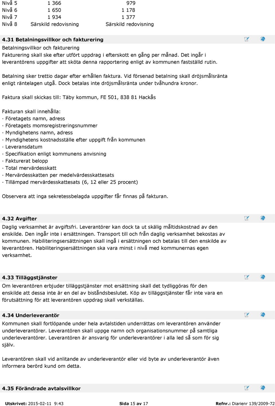 Det ingår i leverantörens uppgifter att sköta denna rapportering enligt av kommunen fastställd rutin. Betalning sker trettio dagar efter erhållen faktura.