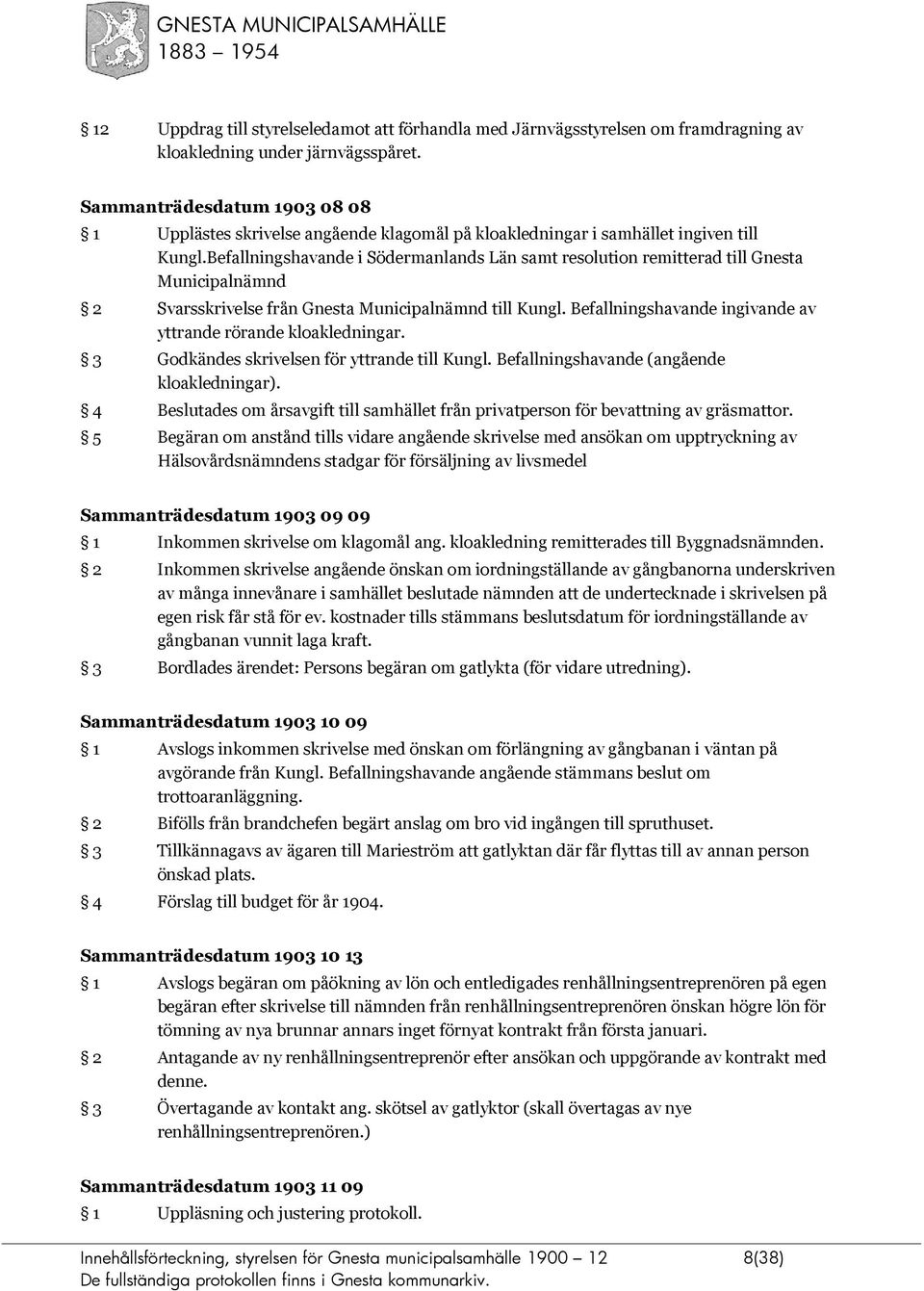 Befallningshavande i Södermanlands Län samt resolution remitterad till Gnesta Municipalnämnd 2 Svarsskrivelse från Gnesta Municipalnämnd till Kungl.
