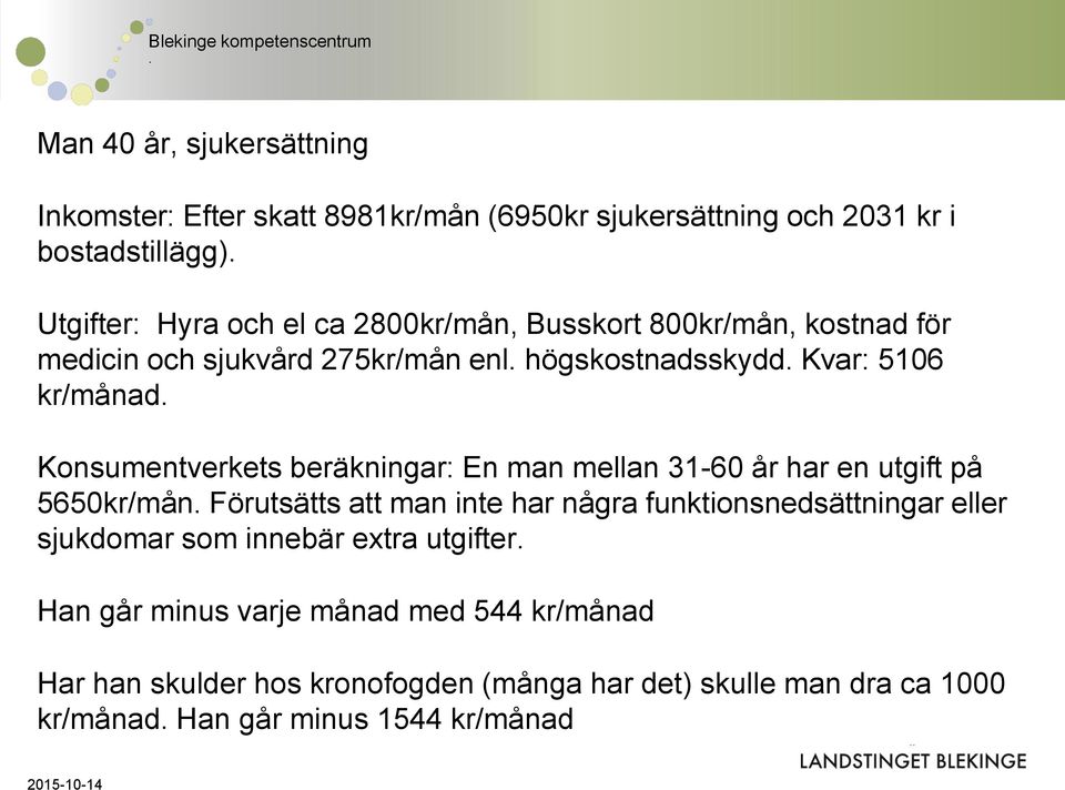 En man mellan 31-60 år har en utgift på 5650kr/mån Förutsätts att man inte har några funktionsnedsättningar eller sjukdomar som innebär extra