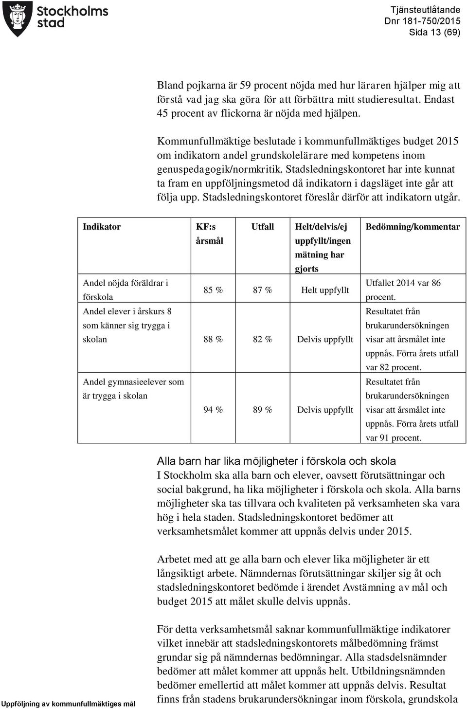 Stadsledningskontoret har inte kunnat ta fram en uppföljningsmetod då indikatorn i dagsläget inte går att följa upp. Stadsledningskontoret föreslår därför att indikatorn utgår.