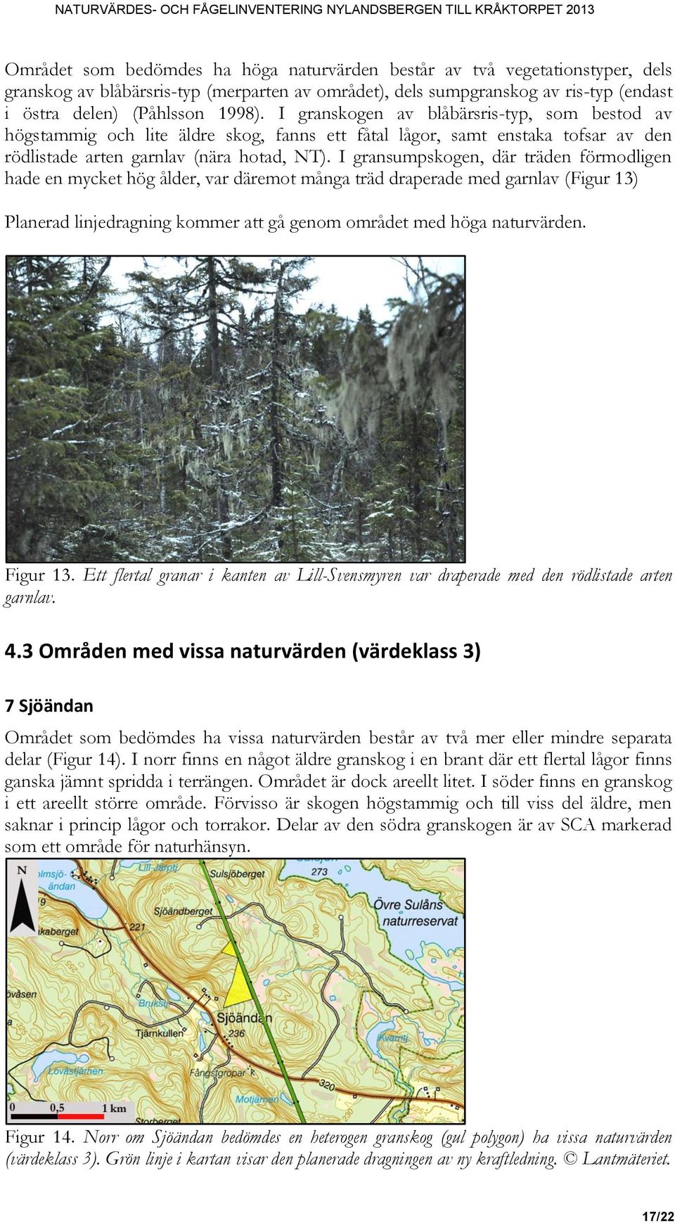 I gransumpskogen, där träden förmodligen hade en mycket hög ålder, var däremot många träd draperade med garnlav (Figur 13) Planerad linjedragning kommer att gå genom området med höga naturvärden.