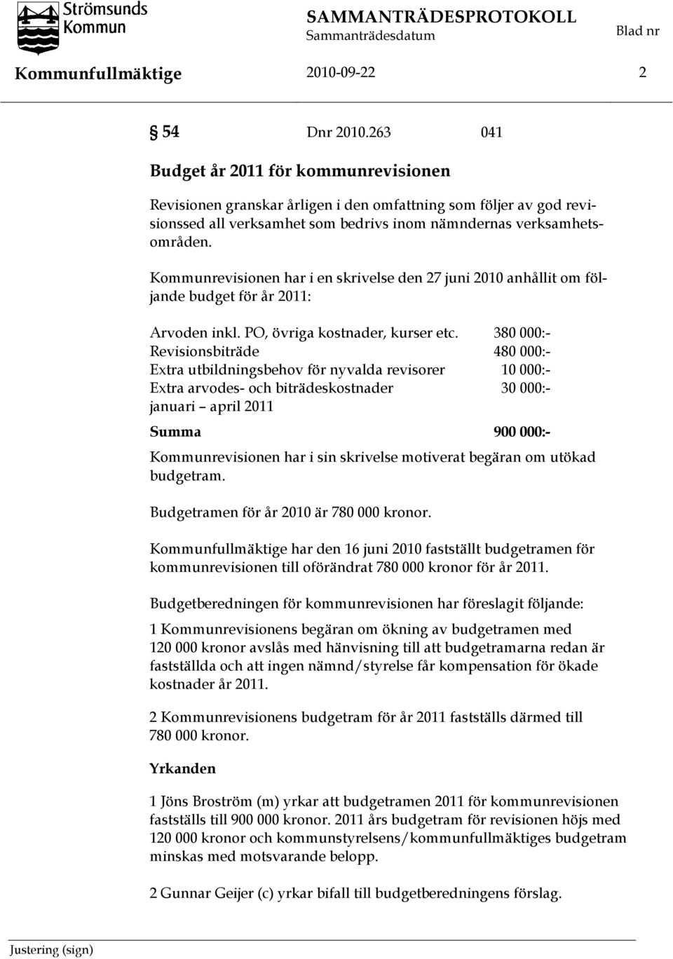 Kommunrevisionen har i en skrivelse den 27 juni 2010 anhållit om följande budget för år 2011: Arvoden inkl. PO, övriga kostnader, kurser etc.