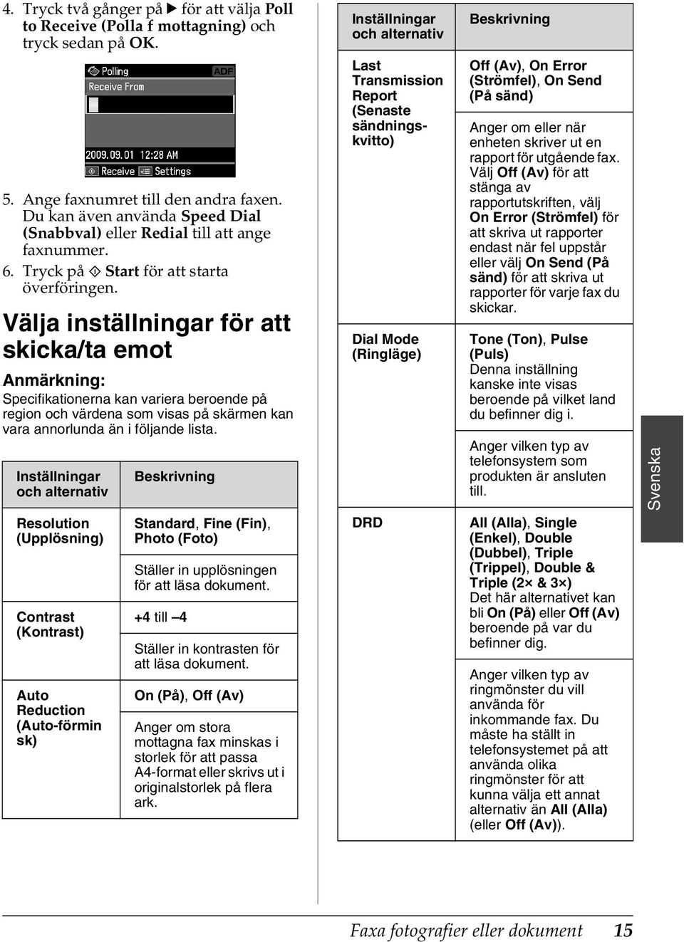 Välja inställningar för att skicka/ta emot Specifikationerna kan variera beroende på region och värdena som visas på skärmen kan vara annorlunda än i följande lista.