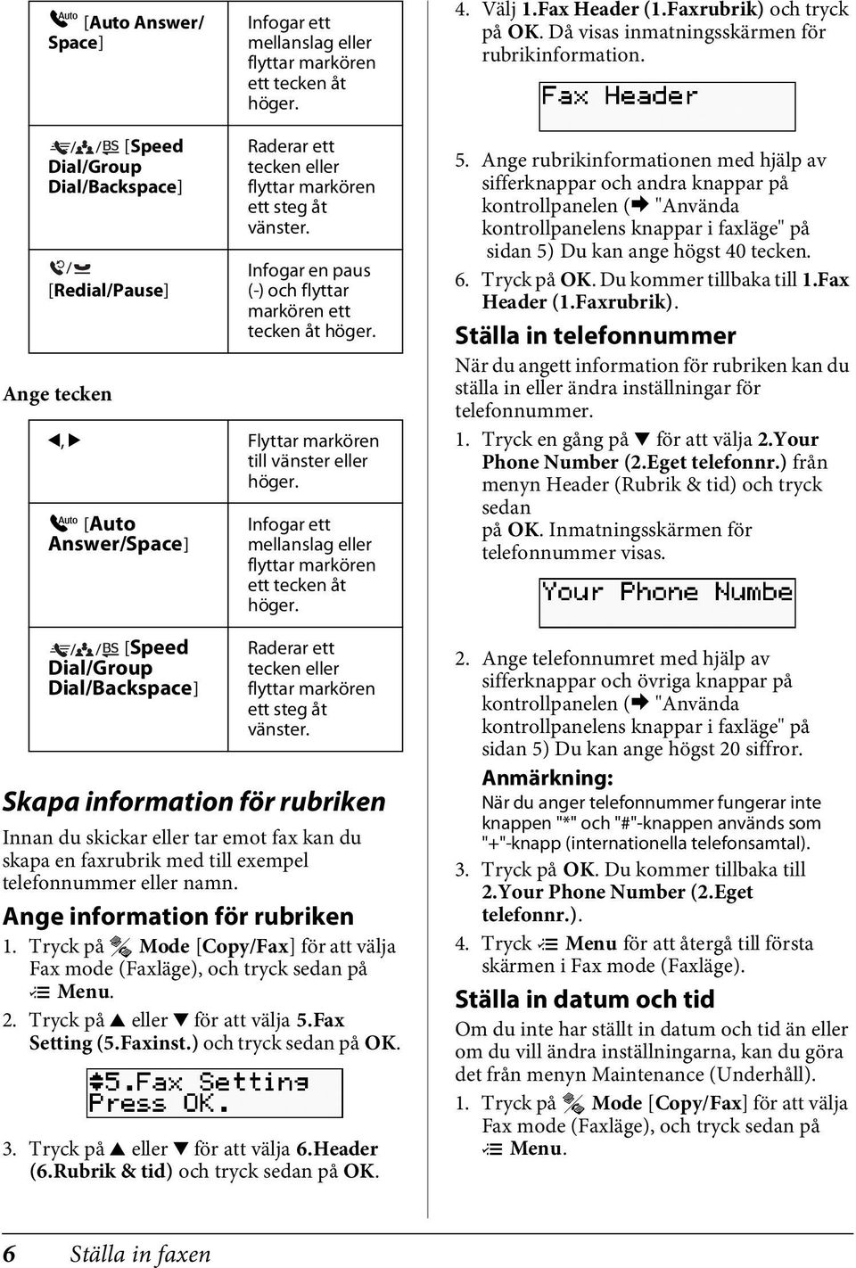 l, r Flyttar markören till vänster eller höger. [Auto Answer/Space] [Speed Dial/Group Dial/Backspace] Infogar ett mellanslag eller flyttar markören ett tecken åt höger.