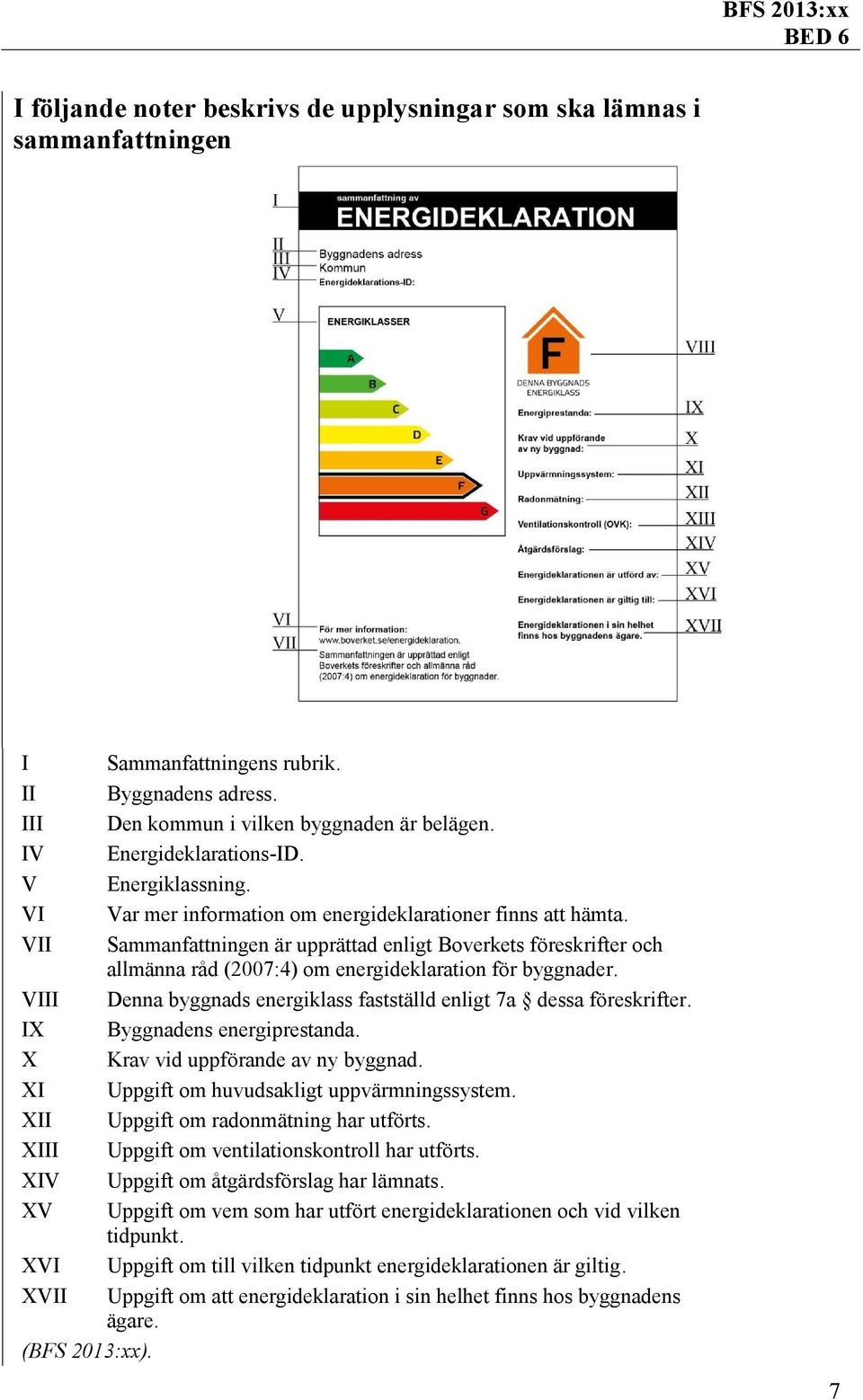 VII Sammanfattningen är upprättad enligt Boverkets föreskrifter och allmänna råd (2007:4) om energideklaration för byggnader. VIII Denna byggnads energiklass fastställd enligt 7a dessa föreskrifter.