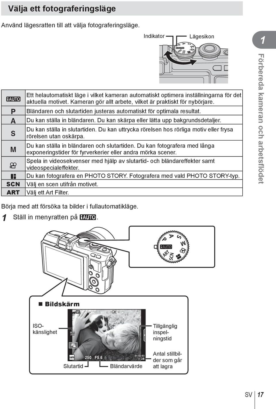 Kameran gör allt arbete, vilket är praktiskt för nybörjare. Bländaren och slutartiden justeras automatiskt för optimala resultat. Du kan ställa in bländaren.