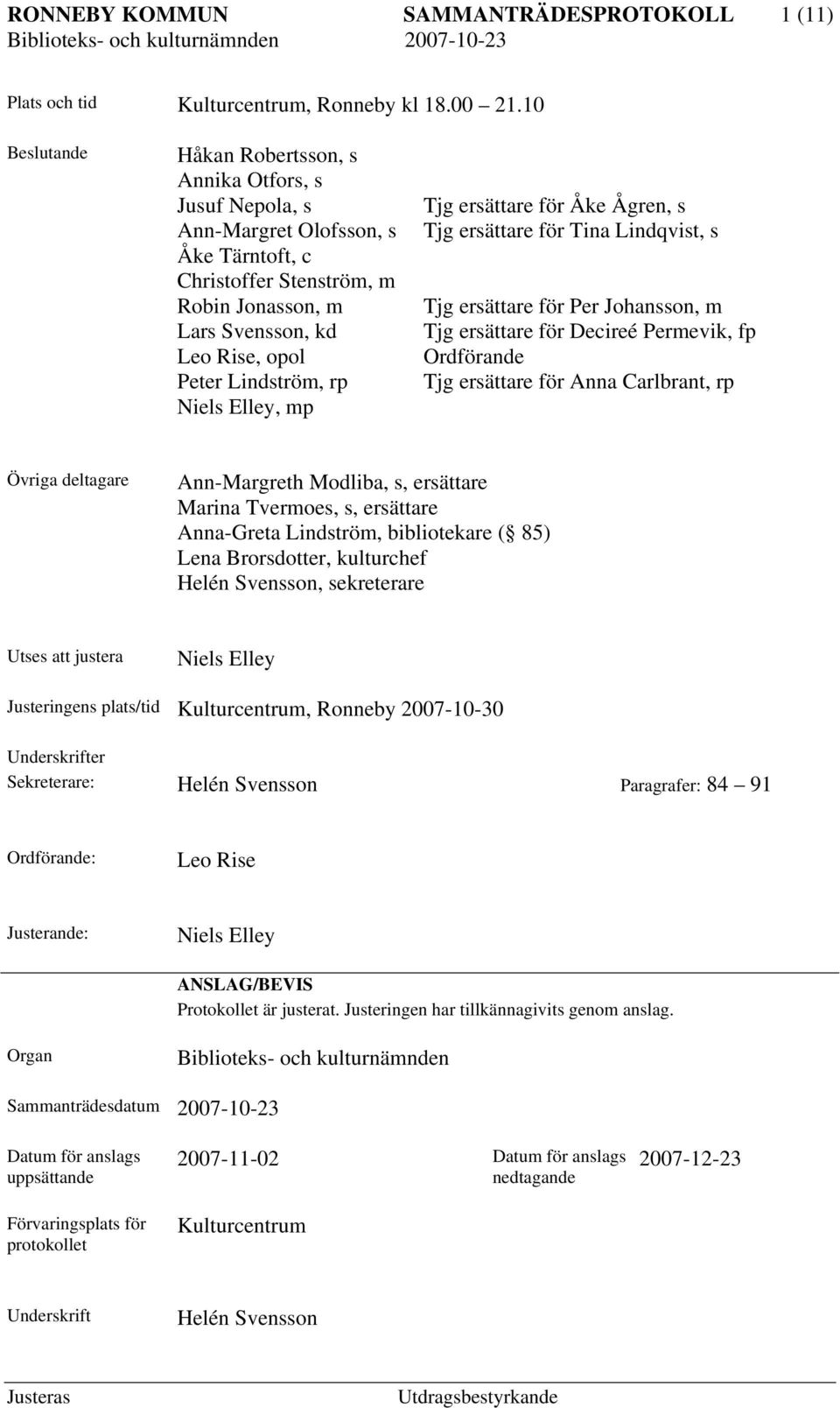 rp Niels Elley, mp Tjg ersättare för Åke Ågren, s Tjg ersättare för Tina Lindqvist, s Tjg ersättare för Per Johansson, m Tjg ersättare för Decireé Permevik, fp Ordförande Tjg ersättare för Anna