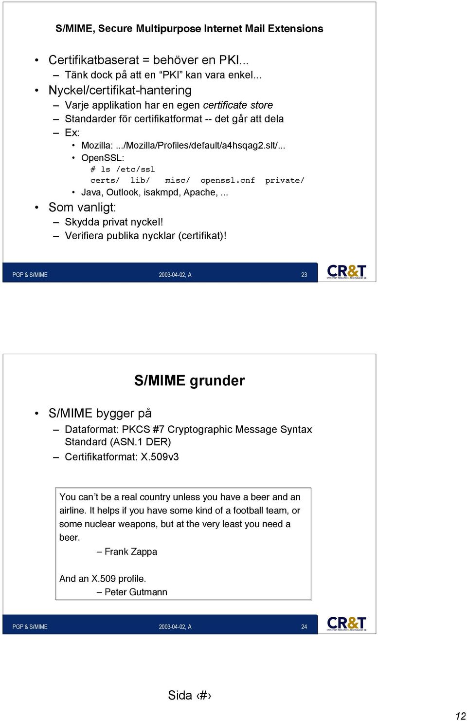 .. OpenSSL: # ls /etc/ssl certs/ lib/ Java, Outlook, isakmpd, Apache,... Som vanligt: Skydda privat nyckel! Verifiera publika nycklar (certifikat)! misc/ openssl.