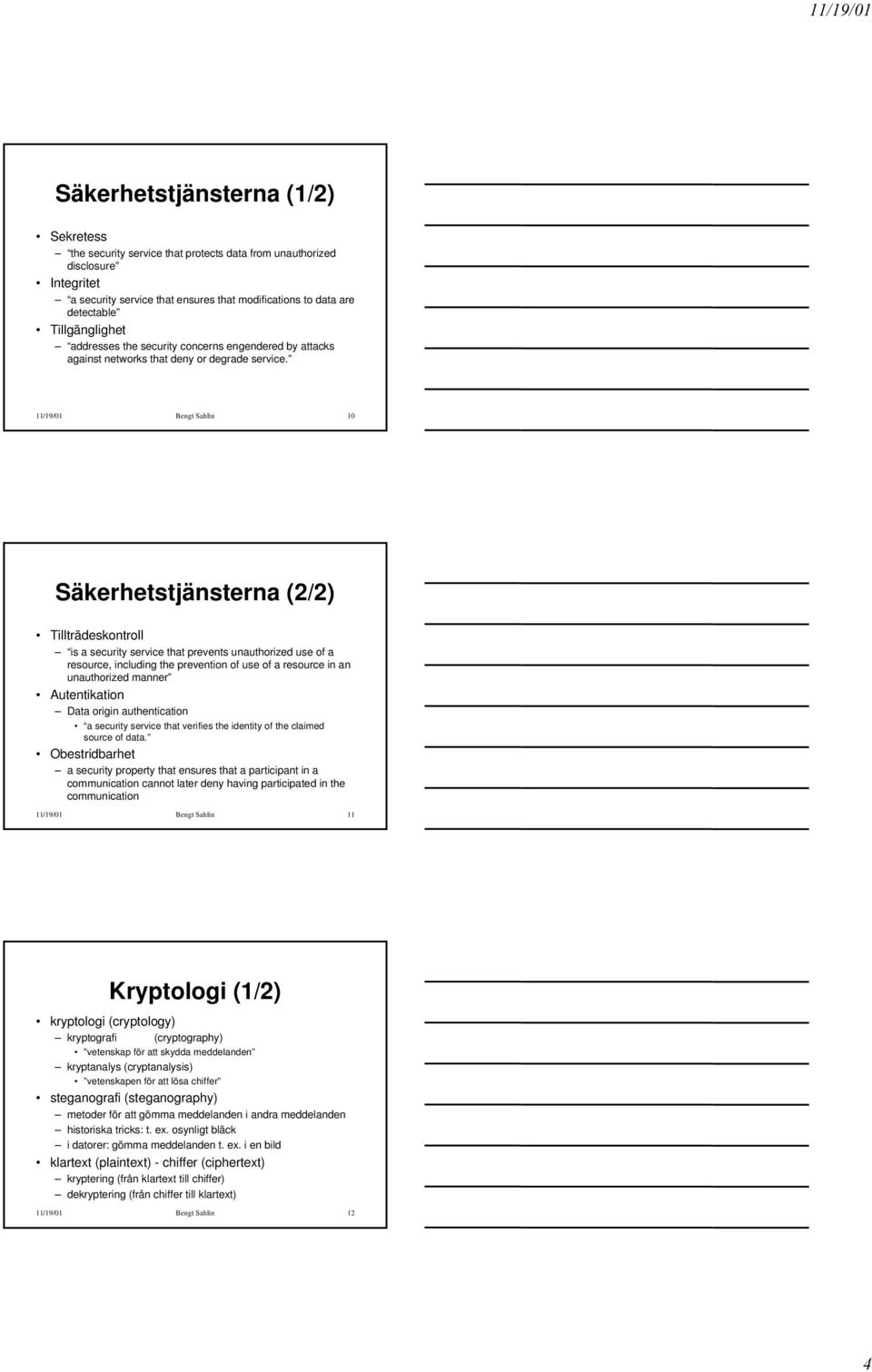 11/19/01 Bengt Sahlin 10 Säkerhetstjänsterna (2/2) Tillträdeskontroll is a security service that prevents unauthorized use of a resource, including the prevention of use of a resource in an