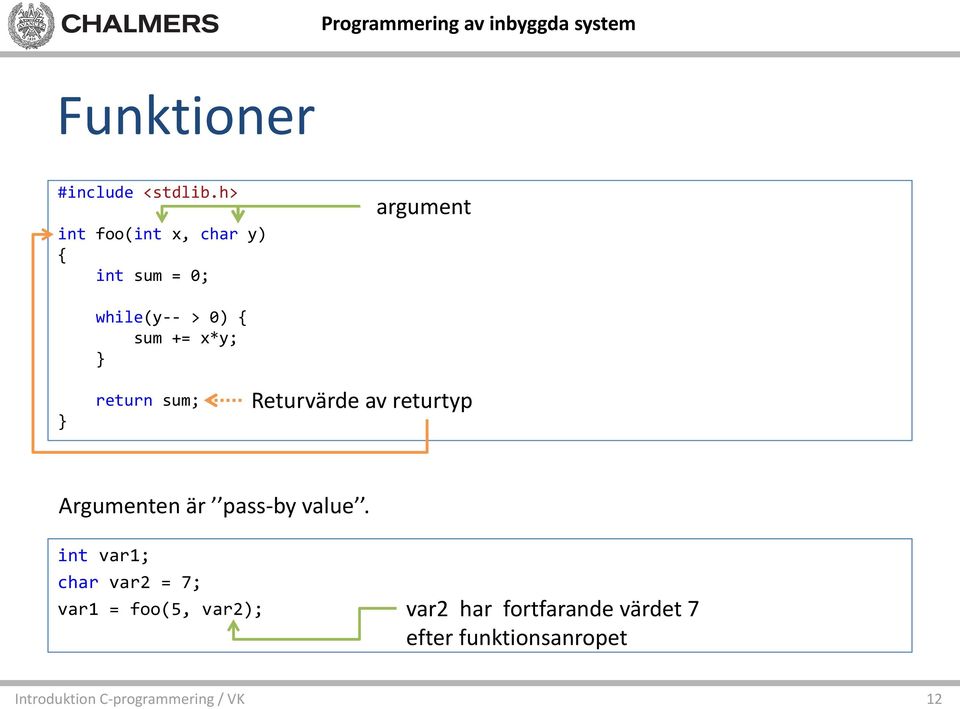 sum += x*y; return sum; Returvärde av returtyp Argumenten är