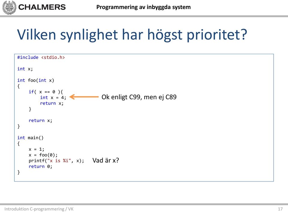 return x; Ok enligt C99, men ej C89 return x; int main()