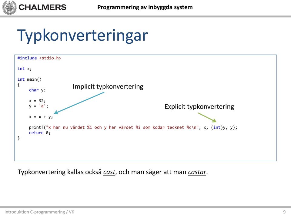 x + y; Explicit typkonvertering printf("x har nu värdet %i och y har värdet