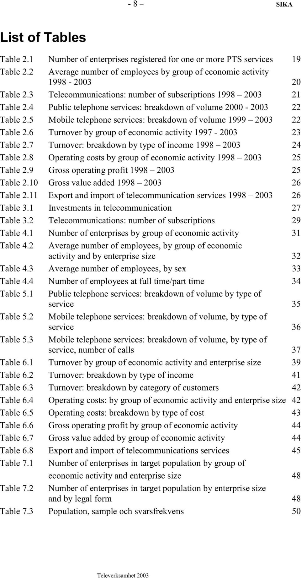 5 Mobile telephone services: breakdown of volume 1999 2003 22 Table 2.6 Turnover by group of economic activity 1997-2003 23 Table 2.7 Turnover: breakdown by type of income 1998 2003 24 Table 2.