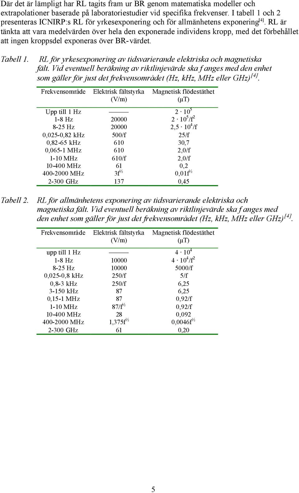 RL är tänkta att vara medelvärden över hela den exponerade individens kropp, med det förbehållet att ingen kroppsdel exponeras över BR-värdet. Tabell 1.