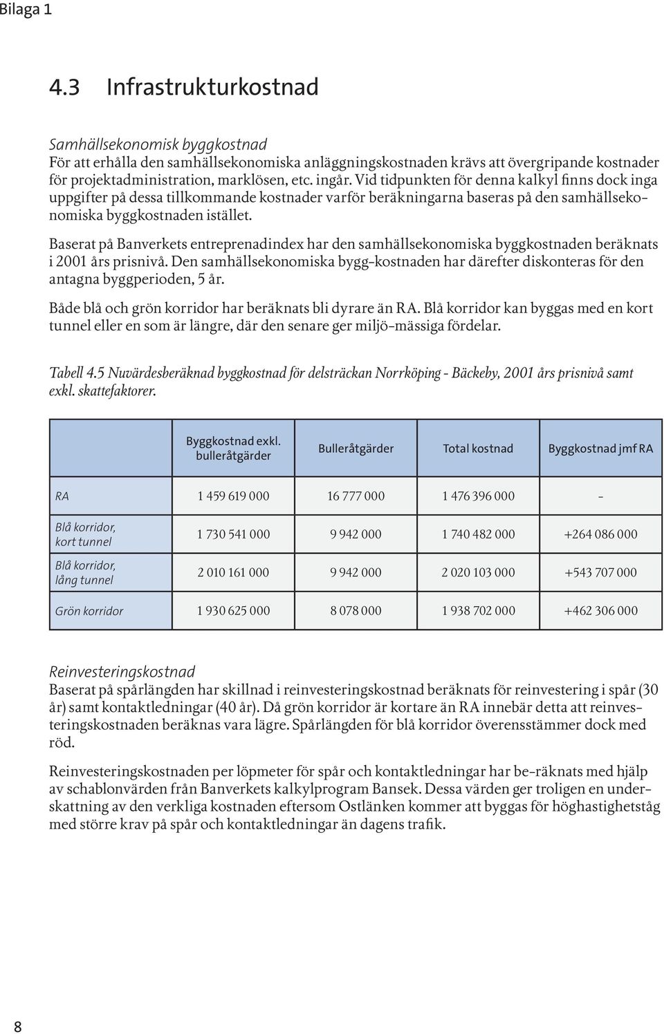 Baserat på Banverkets entreprenadindex har den samhällsekonomiska byggkostnaden beräknats i 2001 års prisnivå.