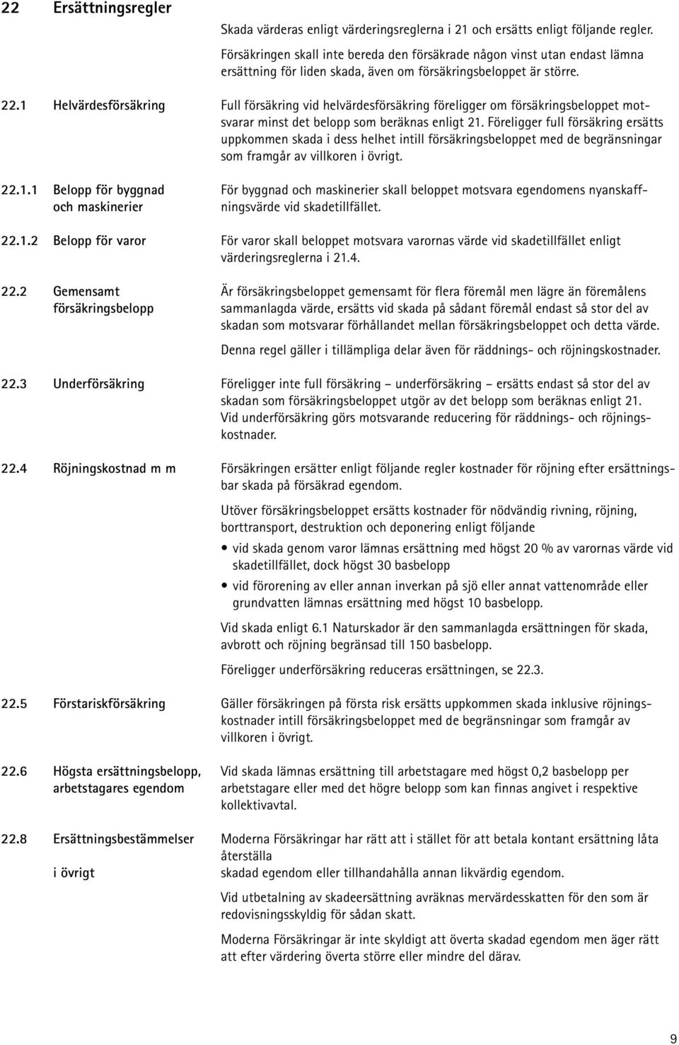 1 Helvärdesförsäkring Full försäkring vid helvärdesförsäkring föreligger om försäkringsbeloppet motsvarar minst det belopp som beräknas enligt 21.