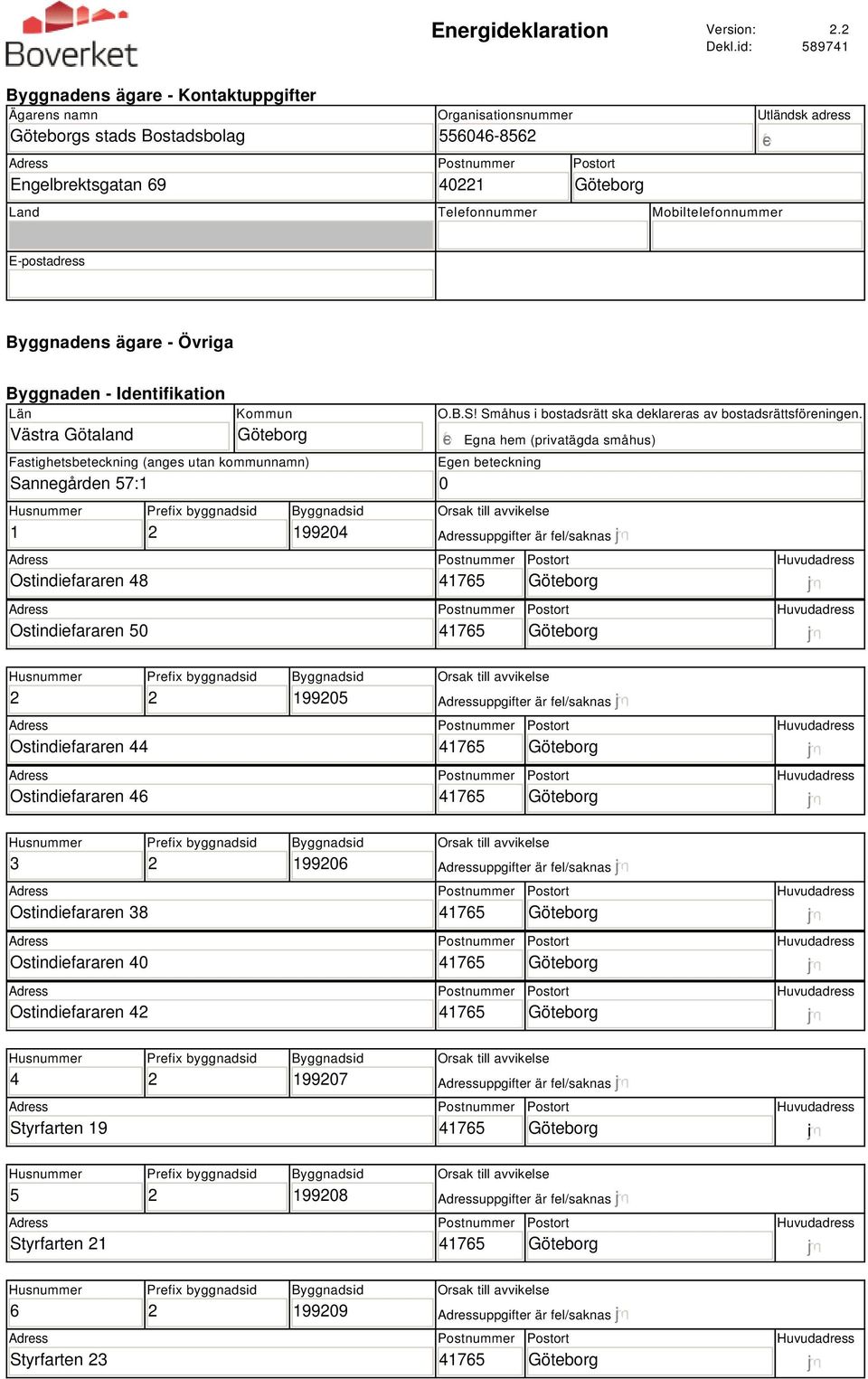 Byggnadens ägare - Övriga Byggnaden - Identifikation Län Västra Götaland Kommun Fastighetsbeteckning (anges utan kommunnamn) Sannegården 57:1 1 Ostindiefararen 48 Ostindiefararen 5 1994 O.B.S! Småhus i bostadsrätt ska deklareras av bostadsrättsföreningen.