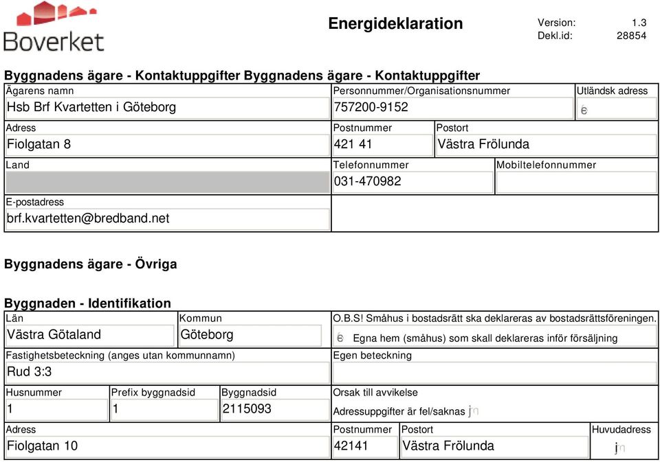 net Personnummer/Organisationsnummer 757200-9152 Postnummer 421 41 Telefonnummer 031-470982 Postort Västra Frölunda Utländsk adress Mobiltelefonnummer Byggnadens ägare - Övriga Byggnaden -