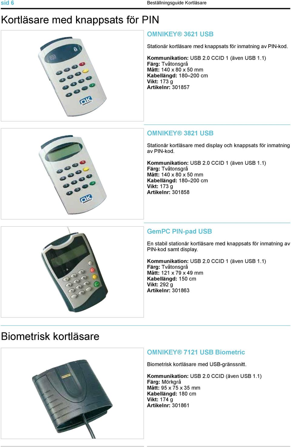 1) Mått: 140 x 80 x 50 mm Kabellängd: 180 200 cm Vikt: 173 g Artikelnr: 301858 GemPC PIN-pad USB En stabil stationär kortläsare med knappsats för inmatning av PIN-kod samt display.